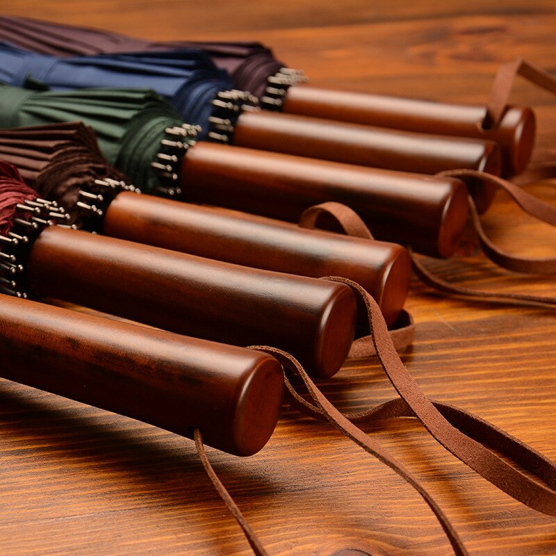 Outdoor Travel Long Wooden Handle Umbrella Windproof Umbrella 24K Long Umbrella Men'S Women'S Solid Color