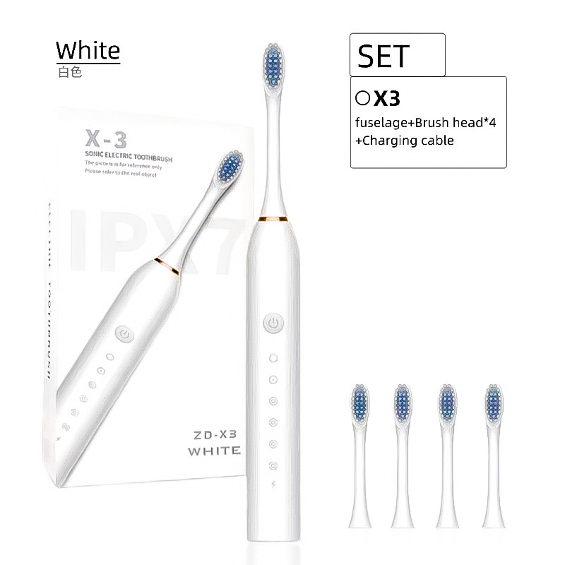 Elektrische Schallzahnbürste für Erwachsene, elektrische Zahnbürste, IPX7, wasserdicht, über USB wiederaufladbar, Hochfrequenzreinigung, 6 Reinigungsmodi: WHITE