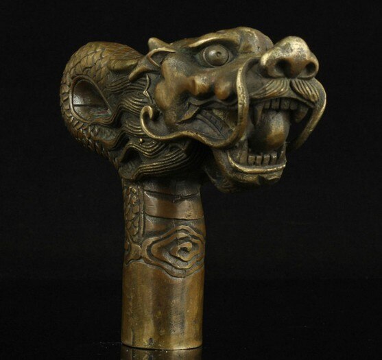 YM 324 100% brons Zuiver Koper Messing oude Opa Goede Lucky Wandelstok Hoofd China Oude Handwerk Carving Brons Dragon