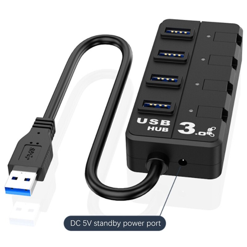 -4 Ports USB HUB Adapter USB 3.0 Data Port HUB for Laptop Notebook PC Printer Independent Key Switch USB Splitter