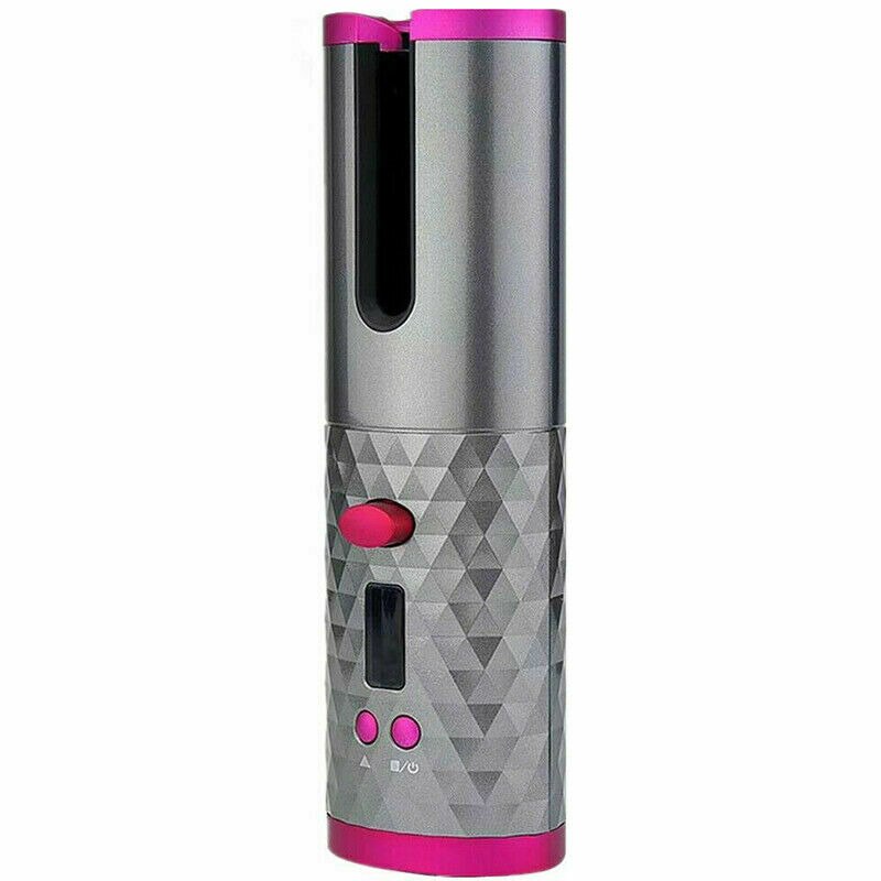 Rizador de pelo inalámbrico automático, plancha de cerámica giratoria, inalámbrica, recargable por USB, rizador Digital LCD: Gris