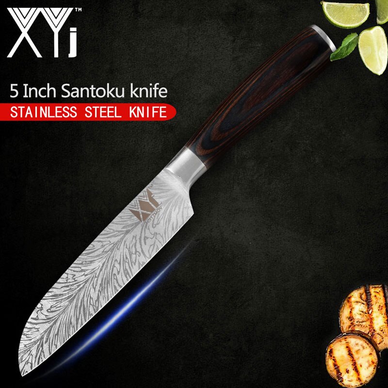XYj Stainless Steel Kitchen Knives Set 8'' INCH Knife Storage Box Holder Damascus Pattern Veins Blade Full Tang Blade Accessory: 5 inch santoku