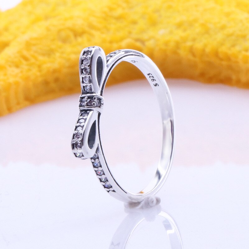 Real 925 Sterling Silver Pan Ring Pave Logo Signature With Crystal Rings For Women Wedding Party Jewelry