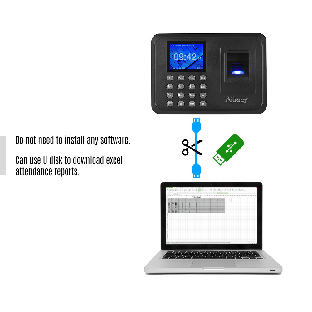 Intelligent Biometric Fingerprint Password Attendance Machine Employee Checking-in Recorder 2.4 inch TFT LCD Screen DC 5V Time