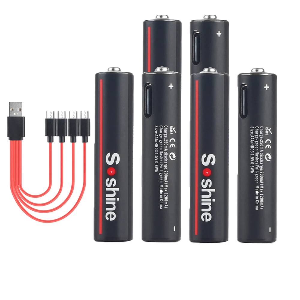Soshine 600mwh usb li-ion aaa wiederauf ladbarer akku aaa 1,5 v lithium batterien mit 4-in-1 usb kabel für spielzeug kamera taschenlampe: Black