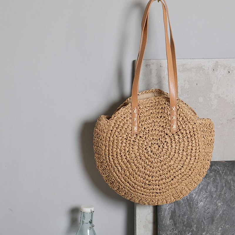 Round Straw Beach Bag Vintage Woven Shoulder Bags Rattan Bohemian Summer Vacation Casual Handbag for Women Girls