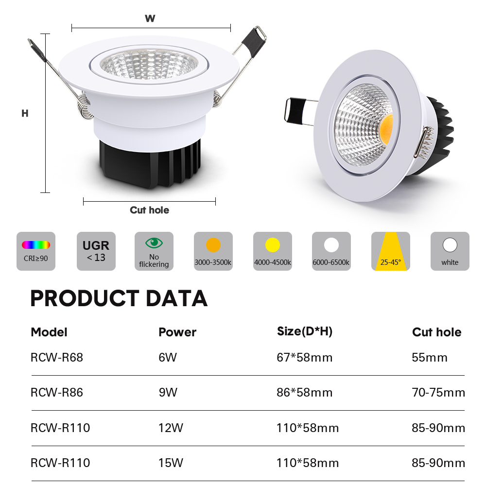 Super Bright Recessed LED Dimmable Downlight COB 6W 9W 12W 15W LED Spot light LED decoration Ceiling Lamp AC 110V 220V