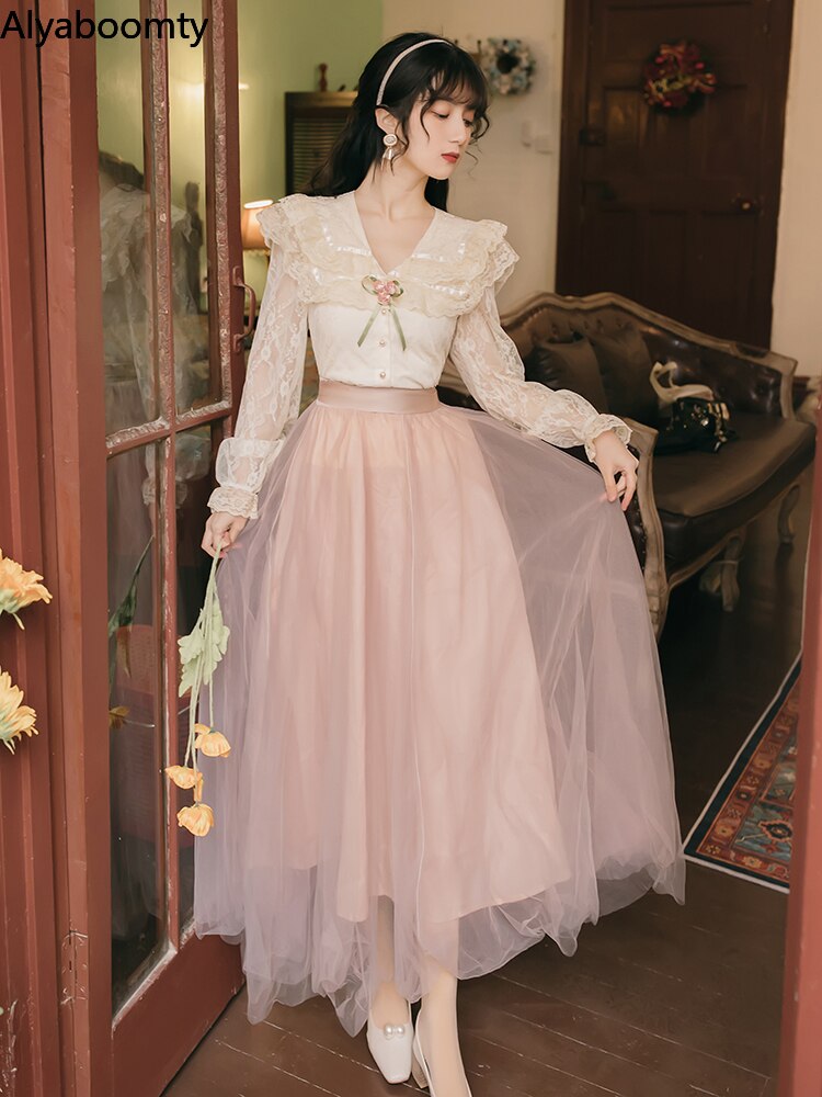 2022 Mori Girl Spring Autumn Women 2 Pcs Set Turn-Down Collar Sweet Lace Top+Pink Mesh Long Skirt Feminine Party Suit: M
