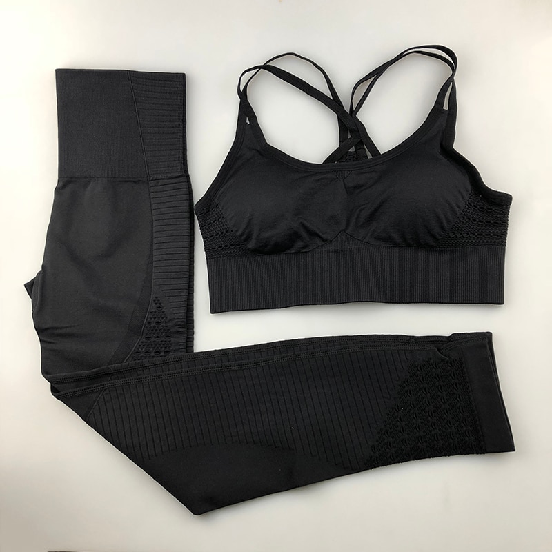 Sømløs yogasæt kvinder fitness tøj sportstøj kvinde gym leggings polstret push-up strappy sports-bh 2 stk sportsdragter