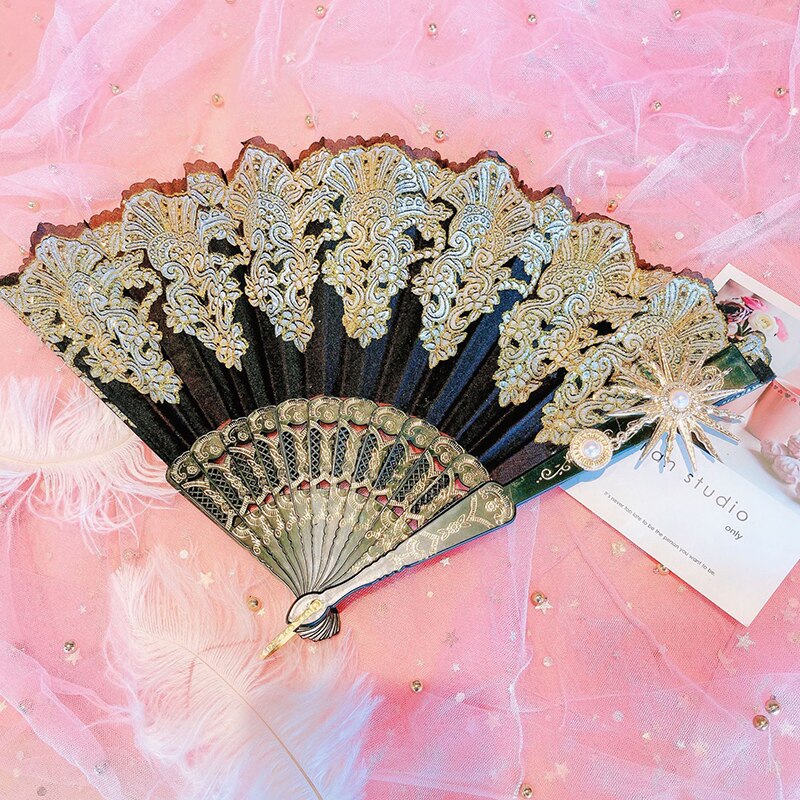 Lolita – éventail pliable en dentelle Rose, Style rétro européen, Style gothique foncé, pour danse de cour, , décoration de fête de mariage