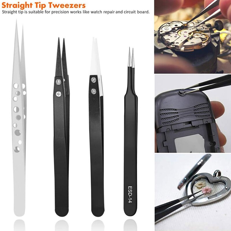 Tweezer Set, ESD Anti-Static Flat Head Tweezers Kit Curved Tweezers Pointy Tweezers for Craft,Jewelry(9 Pieces Set)