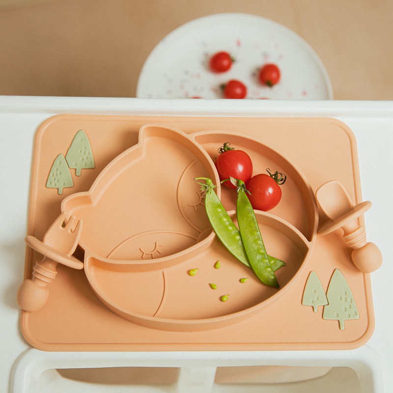 Juego de vajilla de alimentación para bebé, plato de comedor de zorro, cuchara de silicona, tenedor, impermeable, sin BPA, tazón de silicona de grado alimenticio, 3 unids/set
