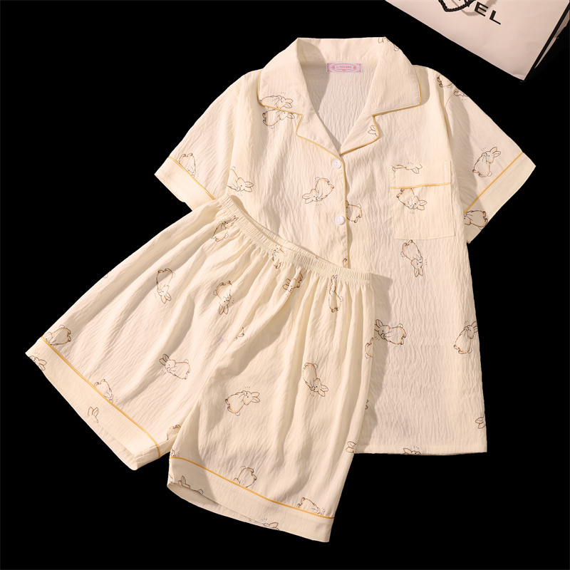 Print kanin sød kawaii dame pyjamassæt 2 dele nattøj afslappet nattøj loungewear outfits damer sommer damejakkesæt