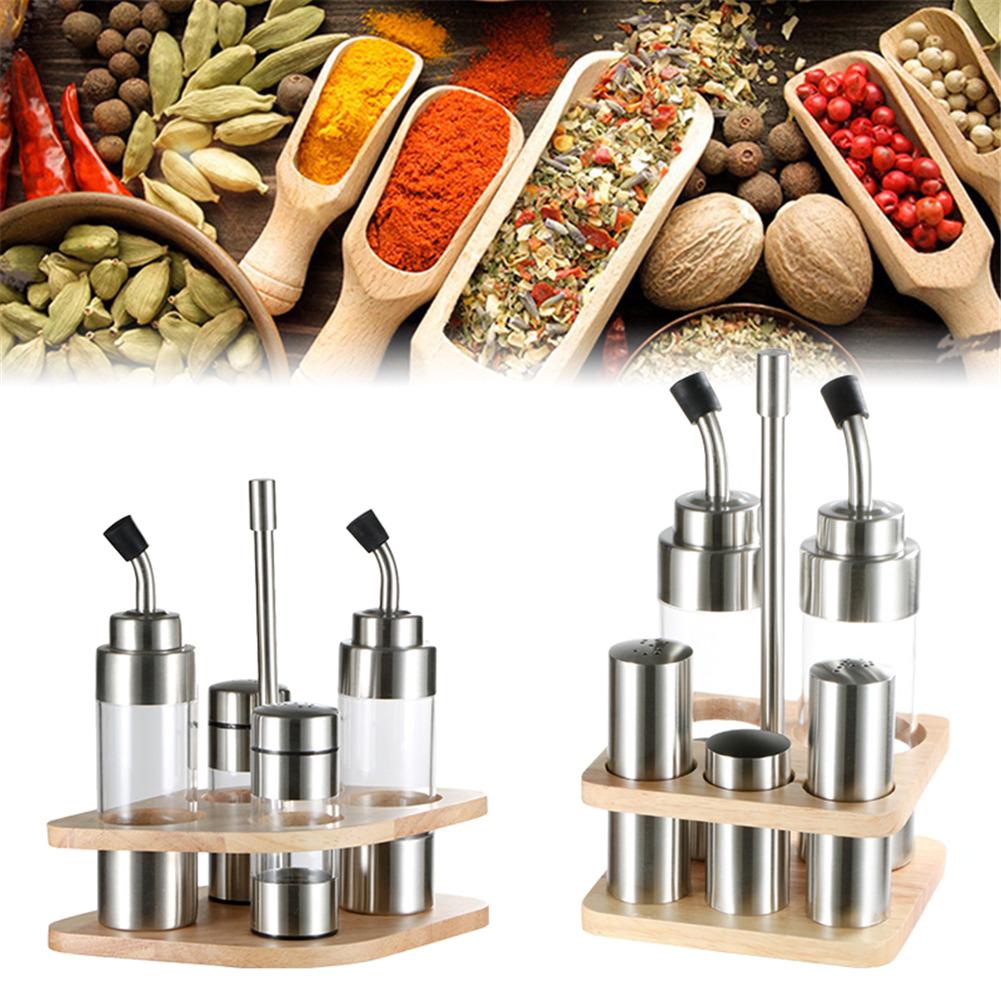 Kitchen Seasoning Bottle Set with Wooden Rack Translucent Pepper Bottle Holder Tools for Oil Salt Vinegar Soy Sauce Storage