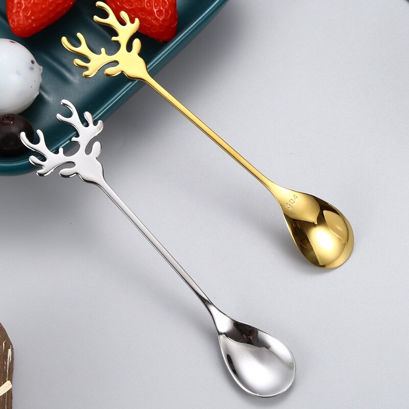 Deer Head Shape 304 Stainless Steel Stirring Spoon Romantic Christmas Elk Coffee Dessert Spoon Exquisite Tableware Party