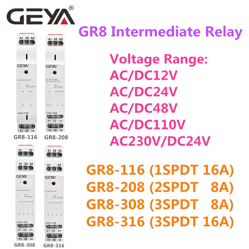 GEYA-interrupteur intermédiaire GR8, relais auxiliaire 8a, 16a, 1SPDT, 2SPDT, 3spdt, AC/dc 12/24/48V, 110V AC 230V