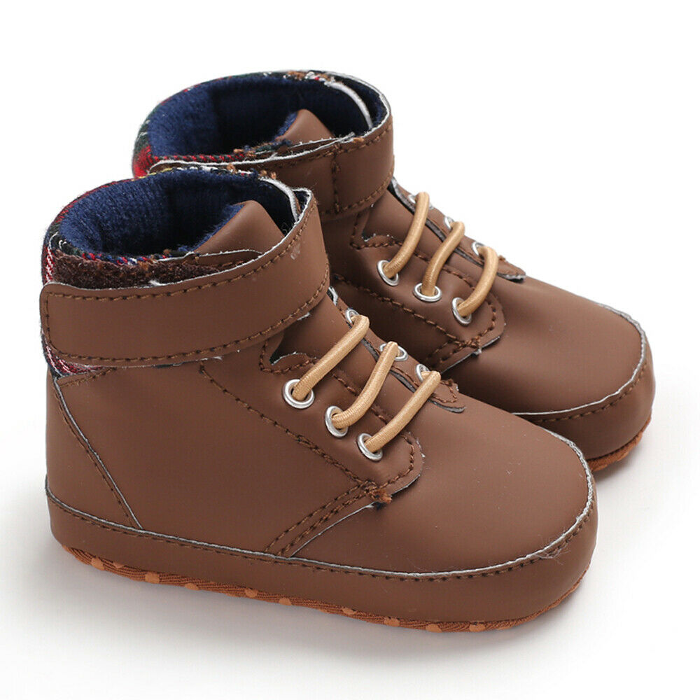 Mode Winter Peuter Meisjes Jongens Laarzen Lace-up Crib Schoenen PU Leer Plaid Pasgeboren Baby Prewalker Zachte Zool sneakers: Bruin / 13-18 months