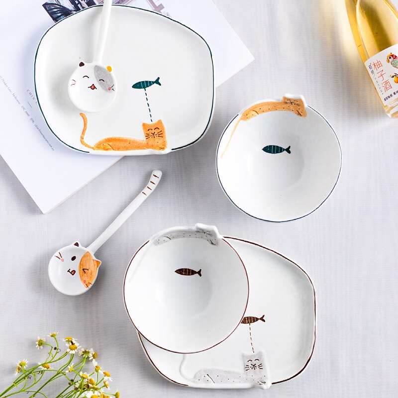 Handpainted Ceramic Cat Plates Bowl Spoon Sets Tableware