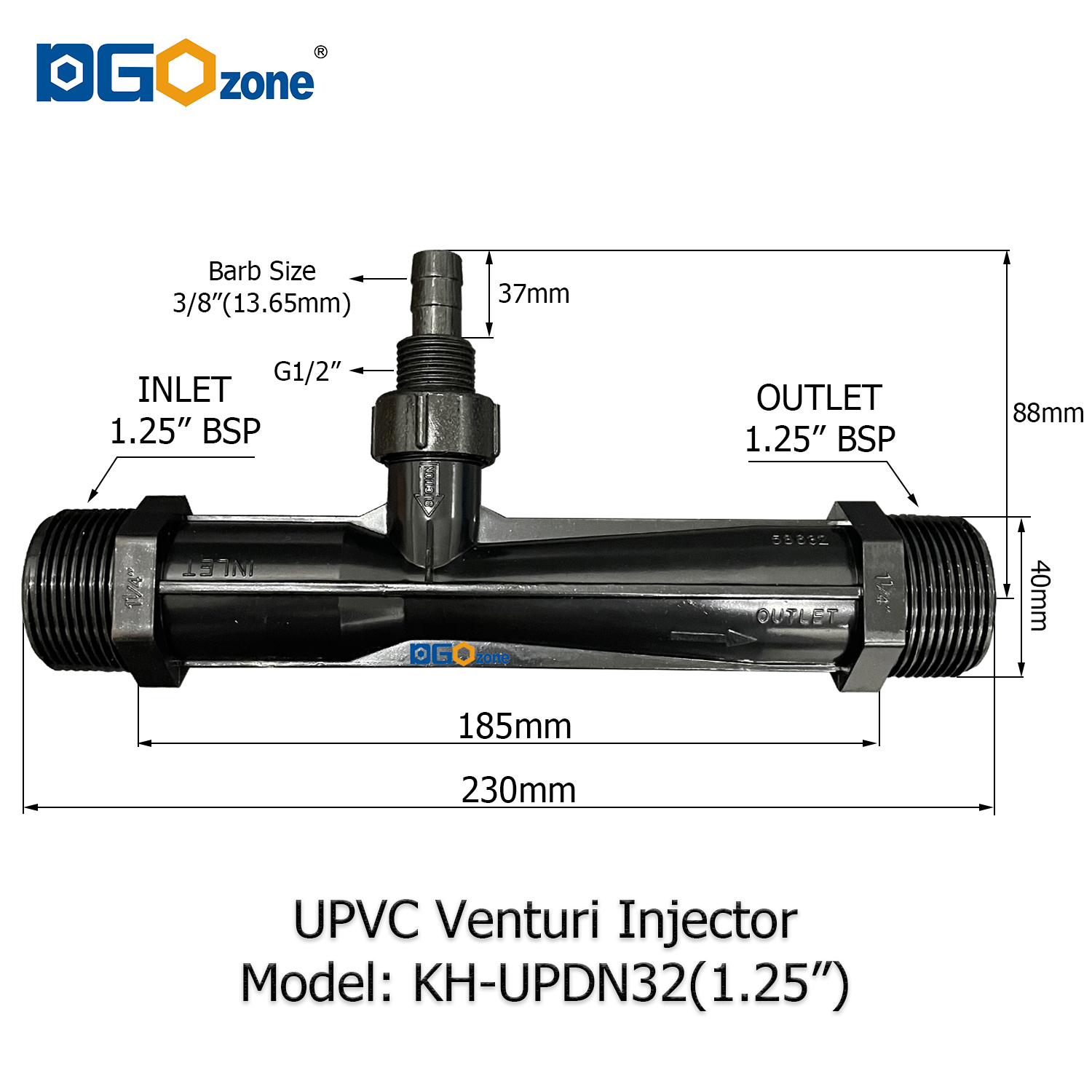 UPVC Venturi Injector for Mixing Liquid Venturi with Valve BSP thread 1/2" 3/4" 1" 1.25" 1.5" 2" DGOzone: WHITE