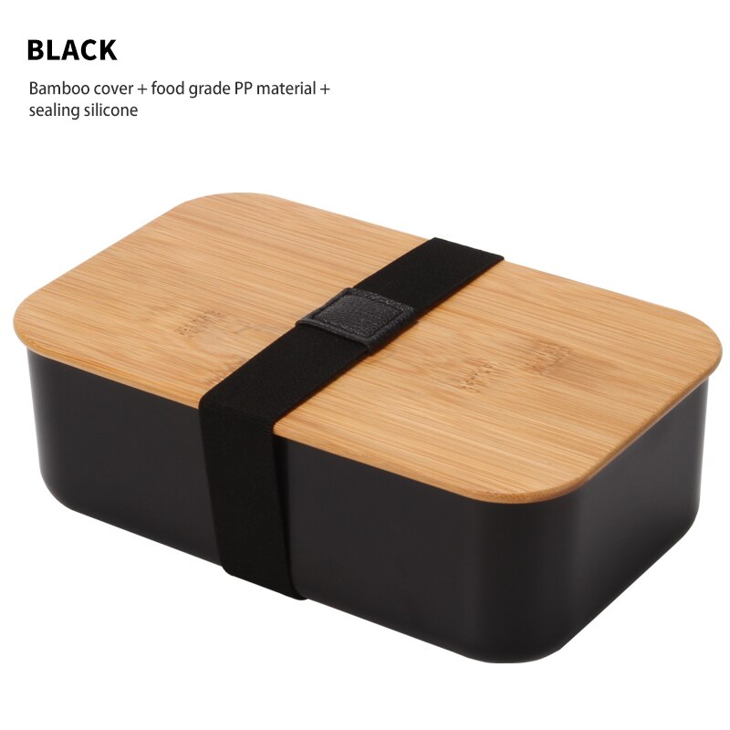 Fiambrera de bambú portátil para niños, caja Bento japonesa para la escuela, contenedor de alimentos con cuchillo y tenedor, compartimentos móviles para microondas: black