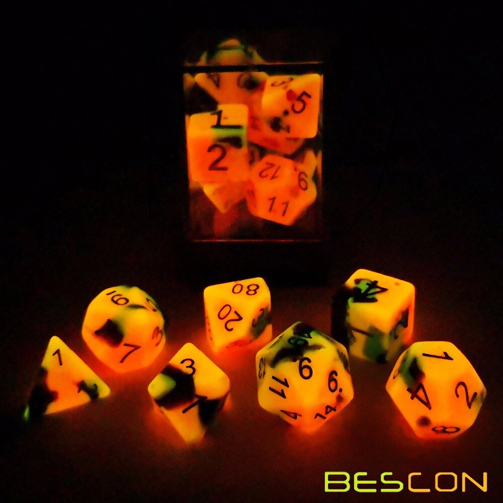 Bescon Two-Tone Glow-in-the-Dark Polyhedral Dice Set ROCKS, Luminous RPG Dice Set d4 d6 d8 d10 d12 d20 d% Brick Box Pack