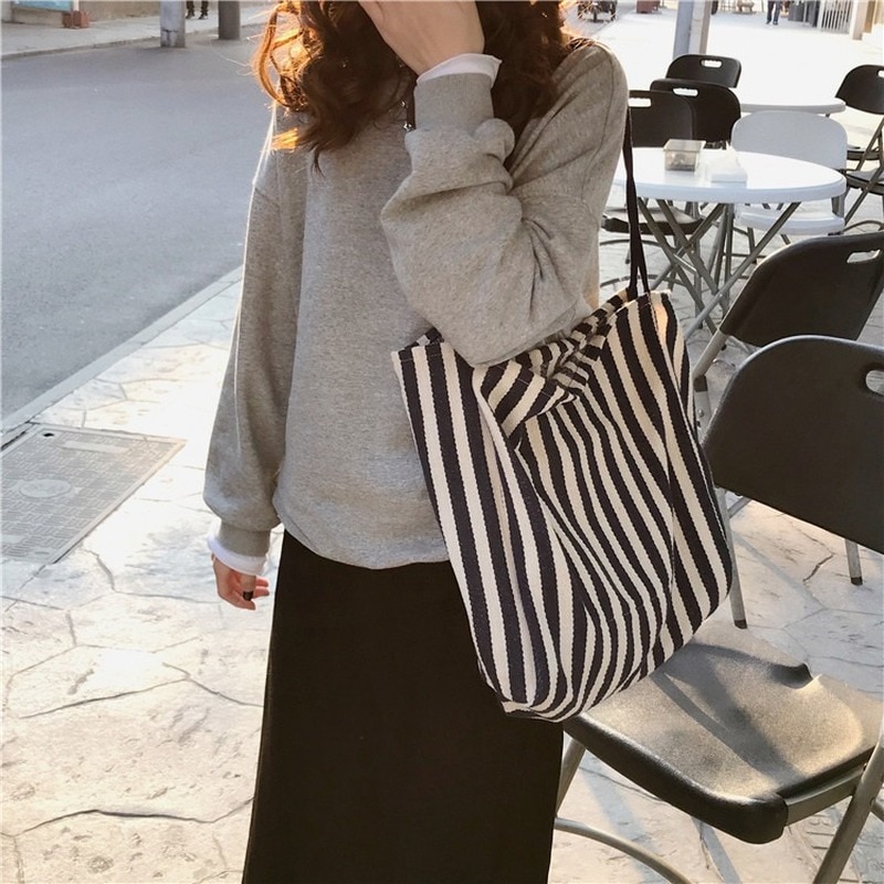 Large Korean Women Shoulder Bag Classic Vintage Stripe Single Canvas Shoulder Bag Cotton Cloth Tote Bag Street Handbags