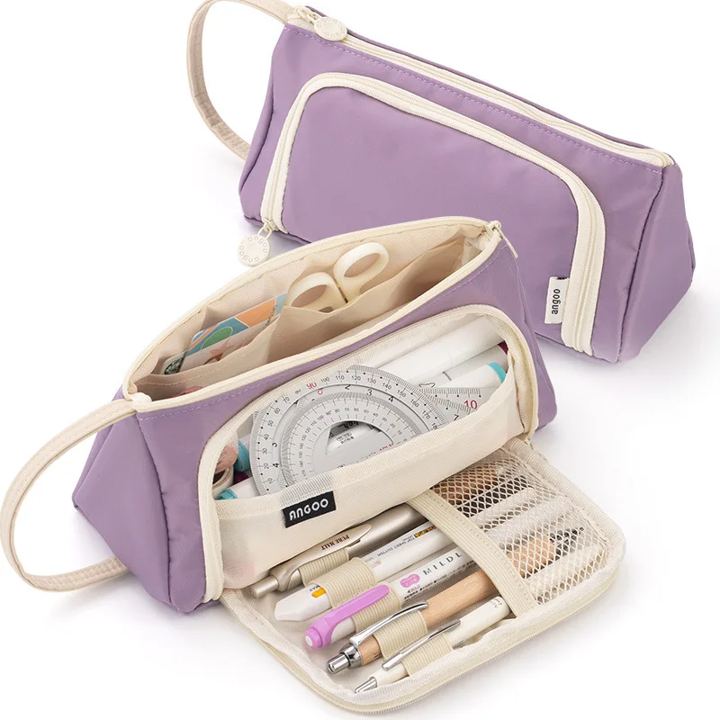 Colored Cute Pencil Case Pencilcase School Pouch Kawaii Large Capacity Pencil Bag Pencils School Pen Box Stationery Papeleria: Light Grey