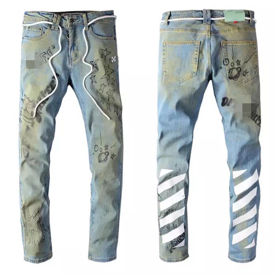 men's Large Size 28-40 Streetwear Printed denim Pants print Slim Fit Ripped Jeans Male trousers