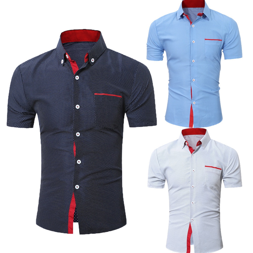 Skjorte herre sommer afslappet skjorte herre kortærmet polyester herre kortærmet business slim skjorte prikket print bluse top  w412