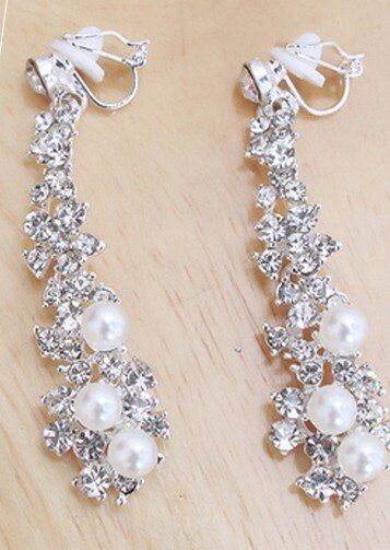 Bruid Bruiloft Sieraden Luxe Full Strass Kristal Clip Op Oorbellen Lange Gesimuleerde Pearl Earring Zonder Doorboord Oor Clip: silver clip earrings