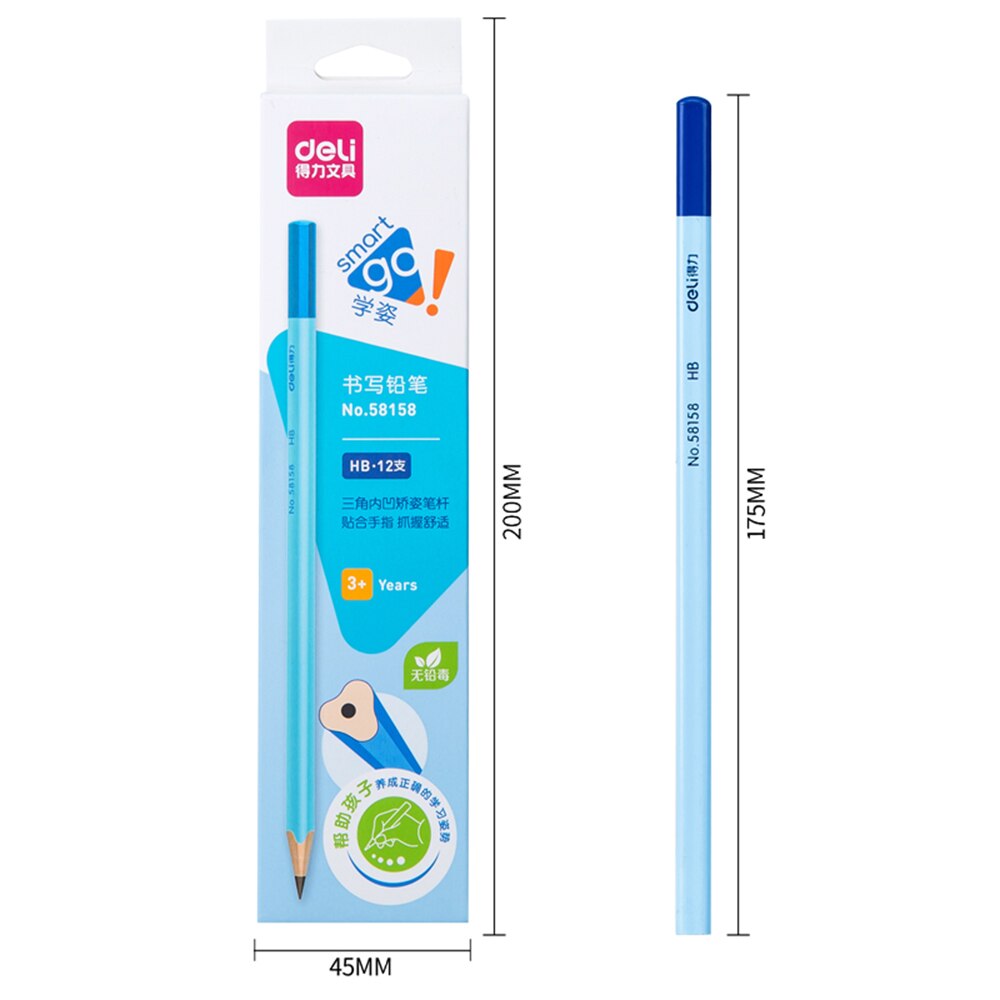 12pcs Deli Child Pencil Concave Triangle Rod HB 2B Holding Pen Posture Correction Pen Drawing Writing Graphite Pencil Erasable