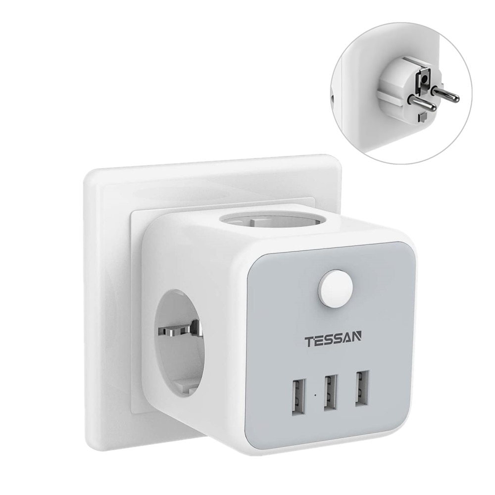 TESSAN Power Strip EU Socket Travel Power Strip with 3 AC Outlets and 3 USB Charging Ports On/Off Switch 1.5m/5ft Extension Cord