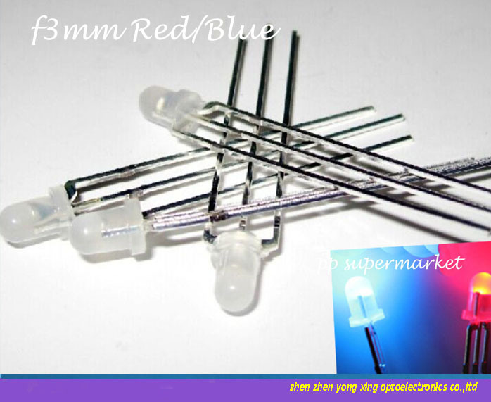 100pcs 3mm Dual Bi-Color Red/Blue Diffused Bright 3-Pin Led Common Anode Leds