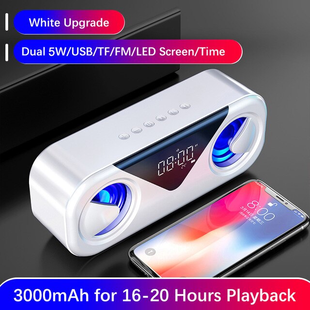 Horloge LED haut-parleurs Bluetooth portables en plein air sans fil stéréo basse colonne Subwoofer barre de son Support TF carte AUX USB mains libres: White