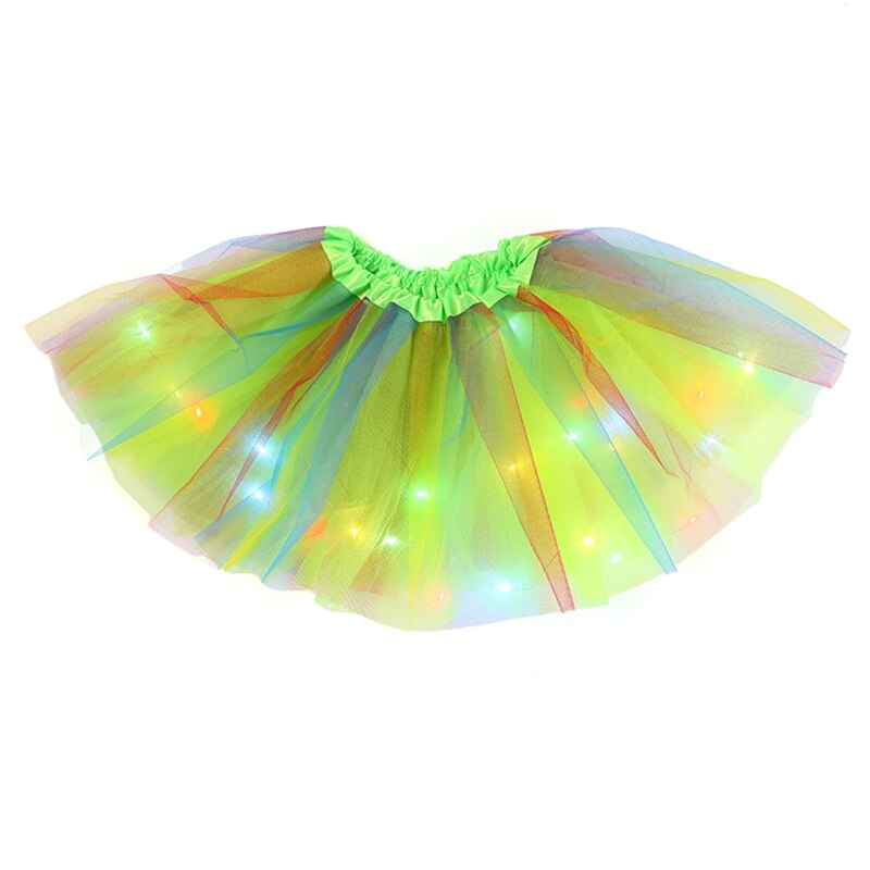 Meisje Gelaagde Regenboog Tutu Rokken Prinses Led Licht Dansen Ballet Tule Rok D5QA: Green