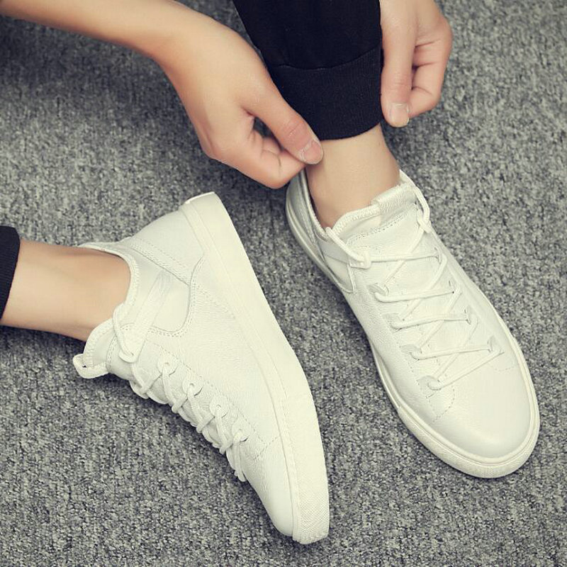 male casual shoes all Black Men's leather casual Sneakers Black white flats shoes LH-57: White / 11