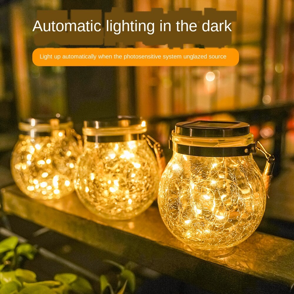Sol led lampe sprekk hengende lys ball glass krukke lys utendørs hage dekorasjon tre lys kobbertråd lys julelys