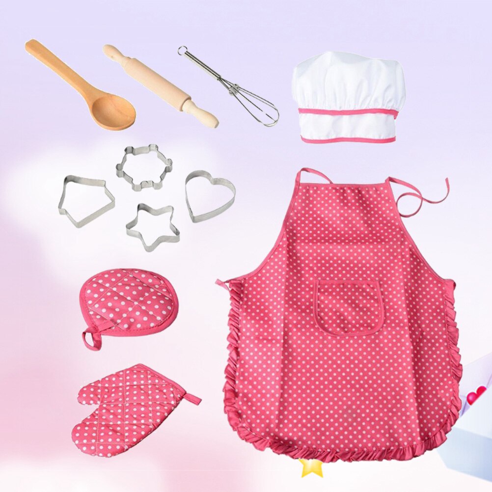 Juego de cocina completo para niños, manopla de cocina con gorro de Chef, delantal y utensilios para jugar, 11 piezas: Red11Pcs
