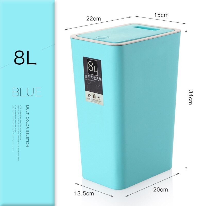 8L de basura de plástico estrecha tipo de prensa cocina, aseo residuos Bin habitación cuarto de baño cesto con tapa cubo basura doméstico: Ljt-8 Blue 8L