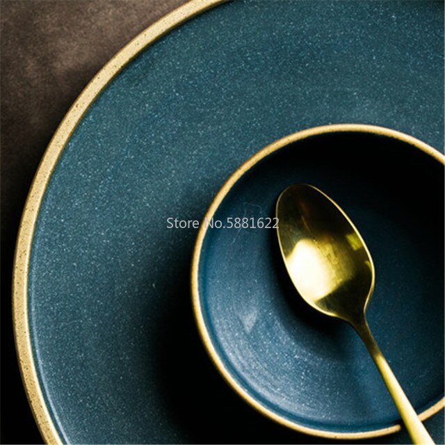 Keramisk guld indlægsplader bøf mad fad nordisk stil retro bordservice skål middag tallerken kop høje slut servise sæt