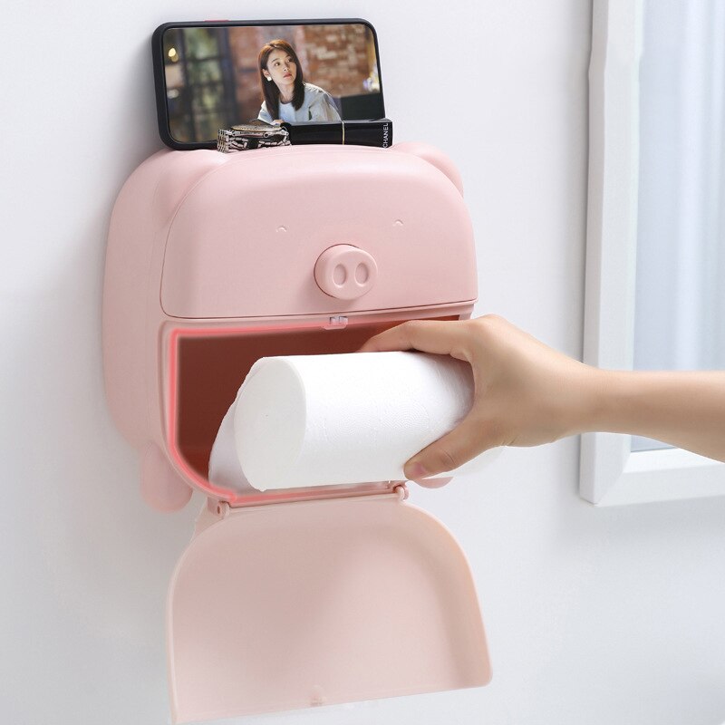 Pig Bear Wall Mounted Toilet Paper Holder Multifunctional Waterproof Storage Box Organizer Tissue Box Roll Paper Bathroom