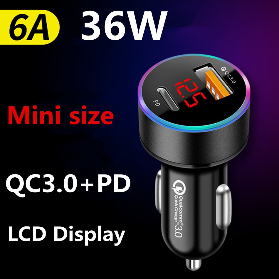 36W Pd QC3.0 Quick Lading Autolader Led Display Mini 6A Usb Fast Charger Voor Iphone Huawei Xiaomi Mi type C Mobiele Telefoon