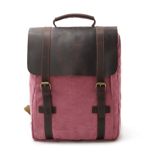 Muchuaneurope Mode Pure Katoenen Canvas Lederen Rugzakken 14 "Laptop Waterdichte Daypacks Grote Capaciteit Mannen Rugzakken Retro: Hot Pink