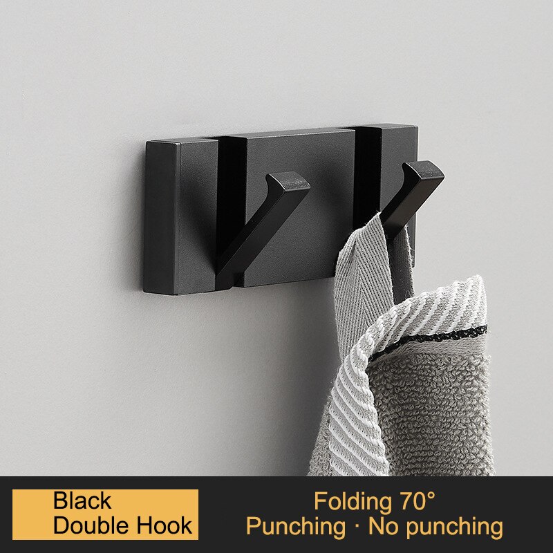 Porte-serviettes pliant Non marquant, sans poinçon, crochets muraux, porte-vêtements, pour salle de bains, cuisine, chambre à coucher, couloir: All Black 2 Hook 70