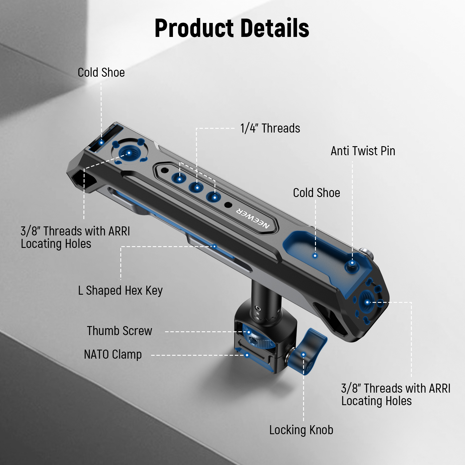NEEWER 2 In 1 Top Handle/Side Handle Camera Cage Video Rig Handle with 360° Rotatable NATO Rail Clamp, 1/4" Threads