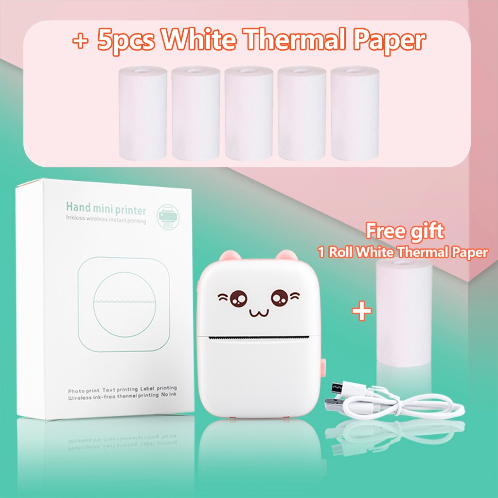 Portable Thermal Printer Paper Photo Pocket Cat Thermal Printer 57mm Printing Wireless Bluetooth Android IOS Printers For Child: Pink 5 White Paper