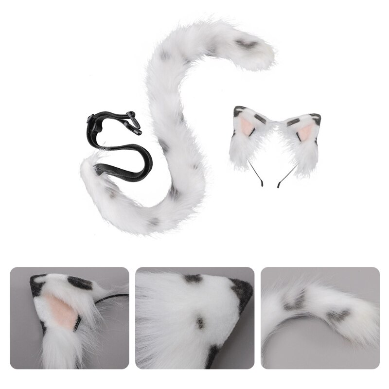 Lolita Headbands Furry Cat Ears Headwear Cow Pattern Tail Set Hair Hoop for Halloween Cosplay Headpiece Party Supplies S24 21