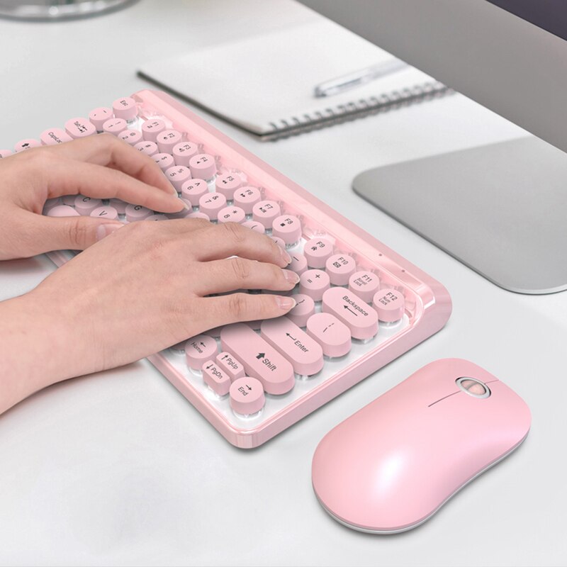 Cute Wireless 2.4G Keyboard Mouse Set Punk Stylish Wireless Color Keyboard Mouse(Pink)