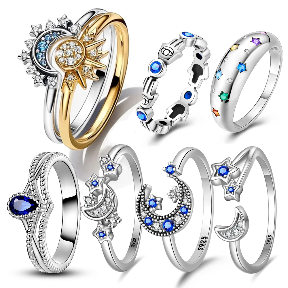 Original Sterling Silver 925 Ring Star and Moon Combination Series Rope Double Layer Ring Women's Wedding Engagement Ring