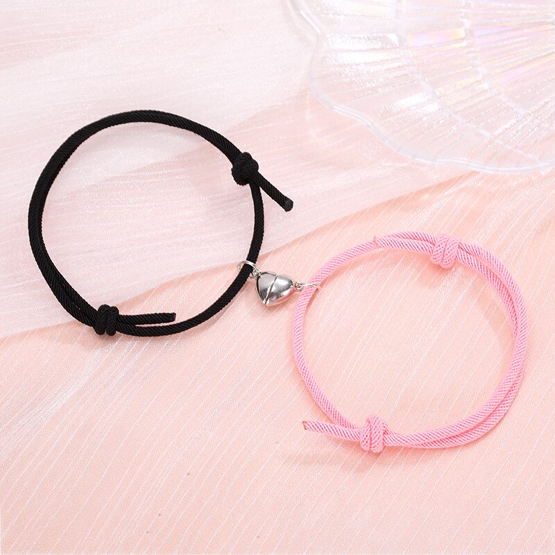 2Pcs/Set Minimalist Lovers Heart Matching Friendship Bracelet Rope Braided Couple Magnetic Distance Bracelet Kit Lover Jewelry: Black Pink